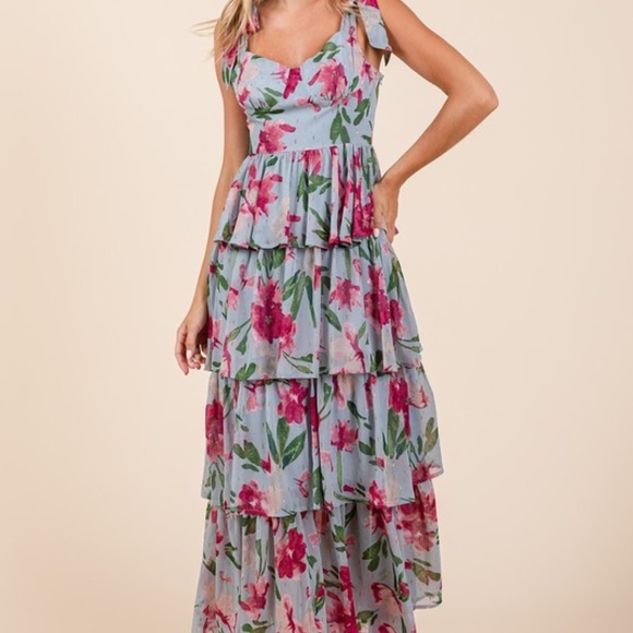NWT Floral Tiered Ruffle Maxi Dress – Dusty Blue Summer Wedding Guest [Size S-L - Picture 3 of 5